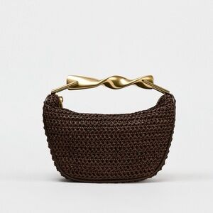 Elegant Zara Style Brown Woven Mini Bag Crossbody with Gold Handle